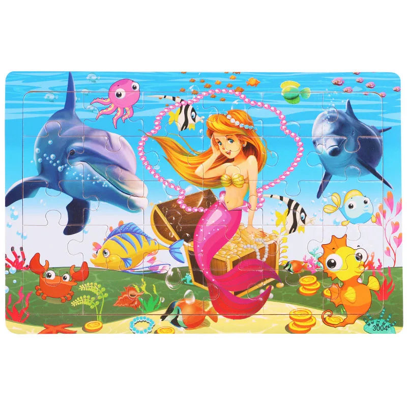30PCS Wooden Jigsaw Puzzle – Cartoon Animal & Vehicle Educational Toys for Kids