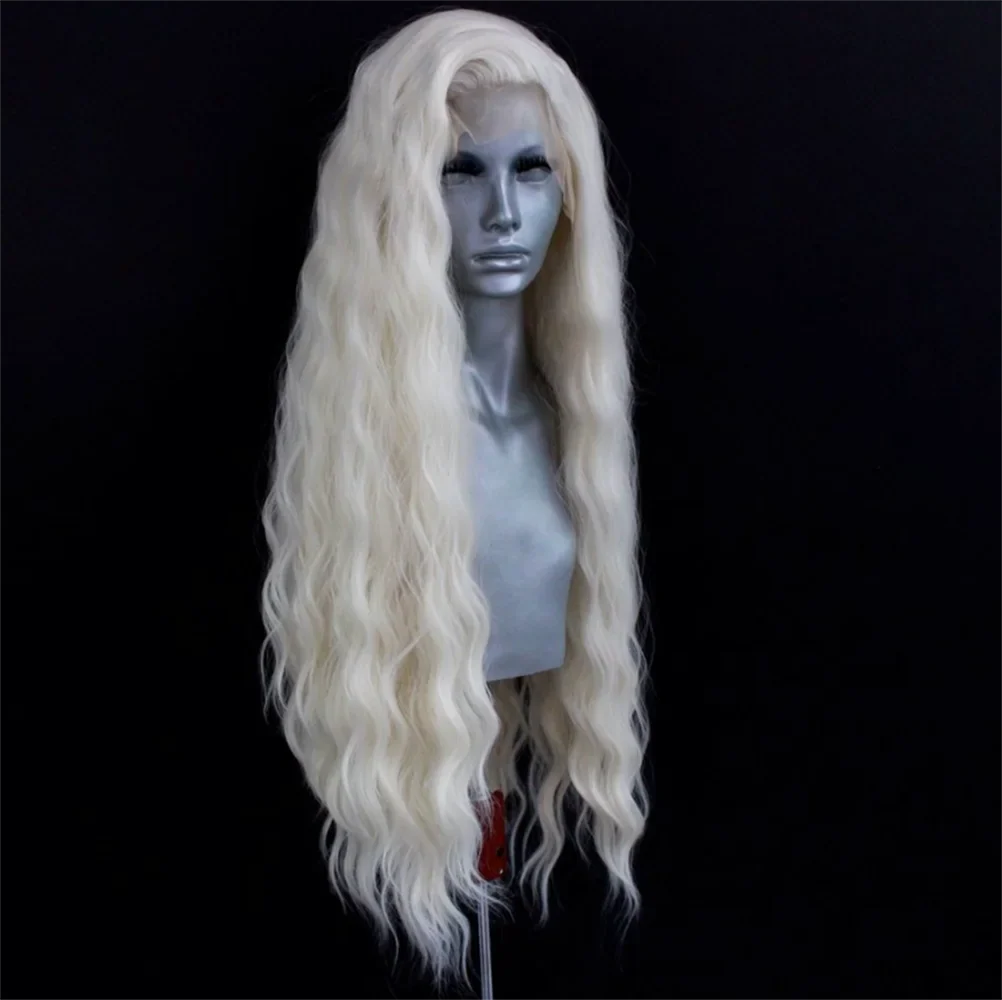 Platinum Blonde Wave Lace Front Wig – Long Synthetic Wigs for Women, Natural Loose Curl Cosplay in White, Black & Pink