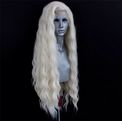 Platinum Blonde Wave Lace Front Wig – Long Synthetic Wigs for Women, Natural Loose Curl Cosplay in White, Black & Pink