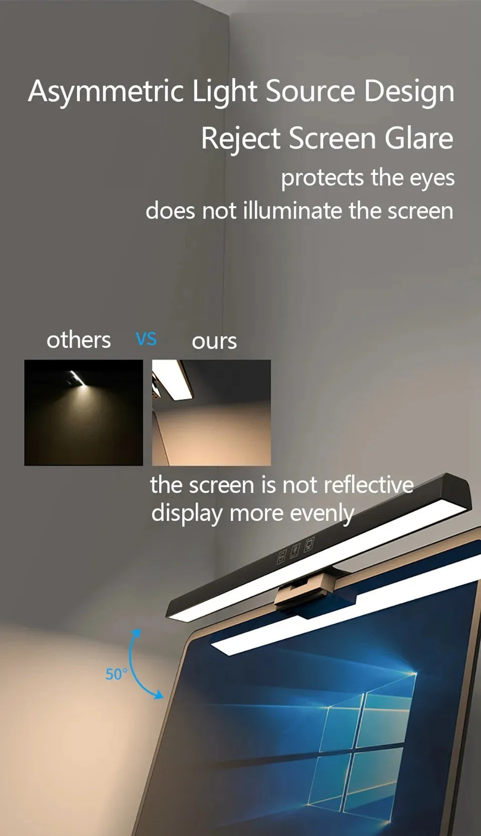 Eye-Care LED Desk Lamp 50cm – USB-Powered Screen Light Bar with Stepless Dimming for Reading & PC