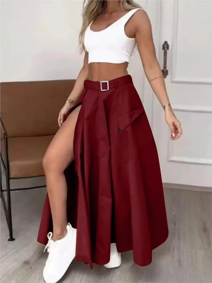 Women’s Summer High Waist Skirt Set – Solid Casual White Tank Top & High Slit Maxi Skirt with Belt and Pockets