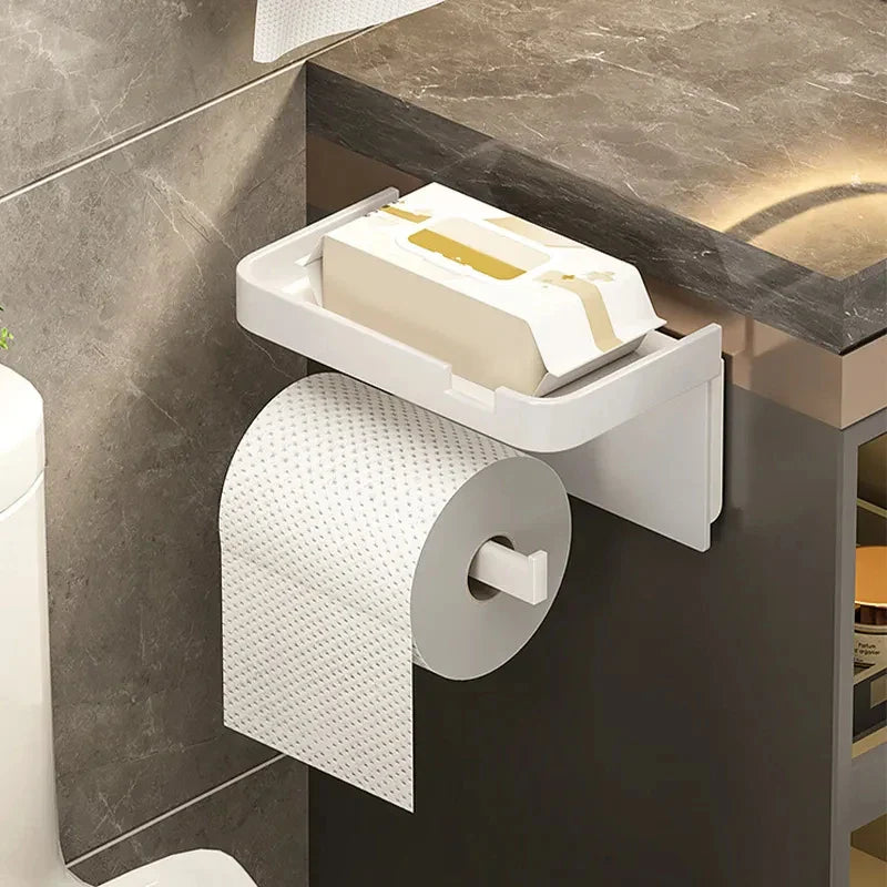 Bathroom Wall-Mounted Toilet Paper Holder with Storage Rack: Organizer for Seasoning Bottles, Kitchen Towels, and Phone