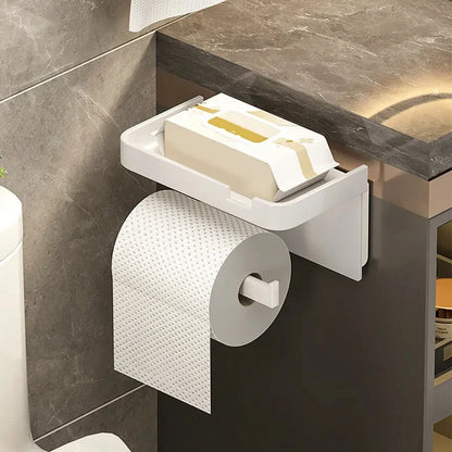 Bathroom Wall-Mounted Toilet Paper Holder with Storage Rack: Organizer for Seasoning Bottles, Kitchen Towels, and Phone