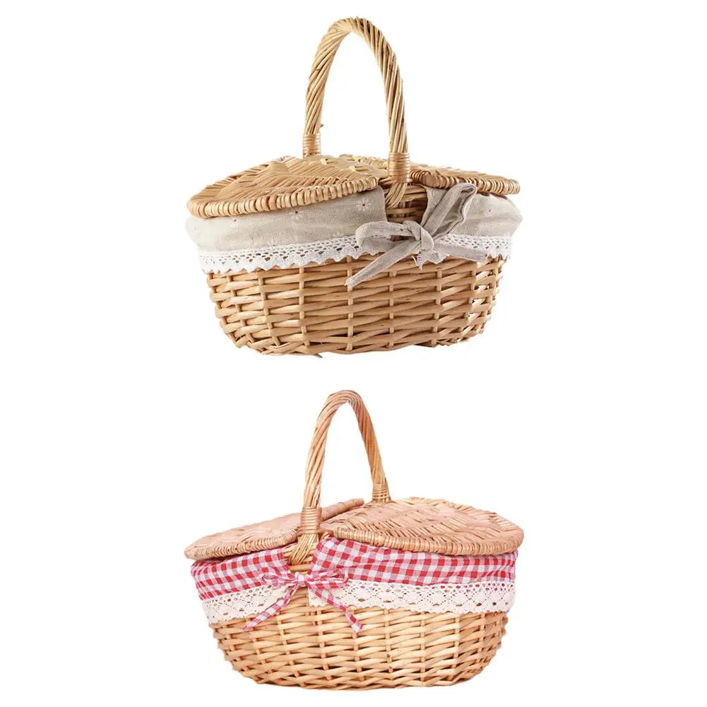 Handmade Wicker Picnic Basket with Handle – Multi-Purpose Willow Woven Storage Hamper for Outdoor Camping and Fruit