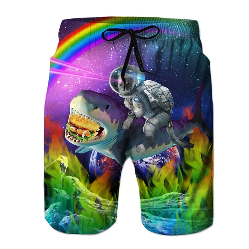 Men's Dinosaur Cat 3D Print Beach Shorts - Fun Hawaiian Swim Trunks