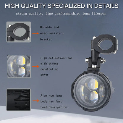 100W Dual Color LED Motorcycle Headlight Fog Lights - Auxiliary Driving Spotlight with Flasher, Pair
