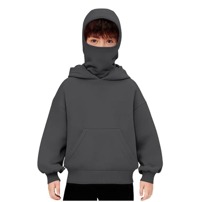 Kids Hooded Balaclava Sweatshirt - Harajuku Double Hat Long Sleeve Hoodie for Boys & Girls Ages 5-15