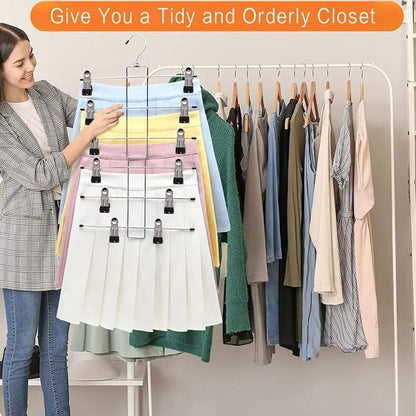 6-Layer Metal Clothes Hanger – Non-Slip Skirt & Trouser Rack with Clips for Clothing Storage