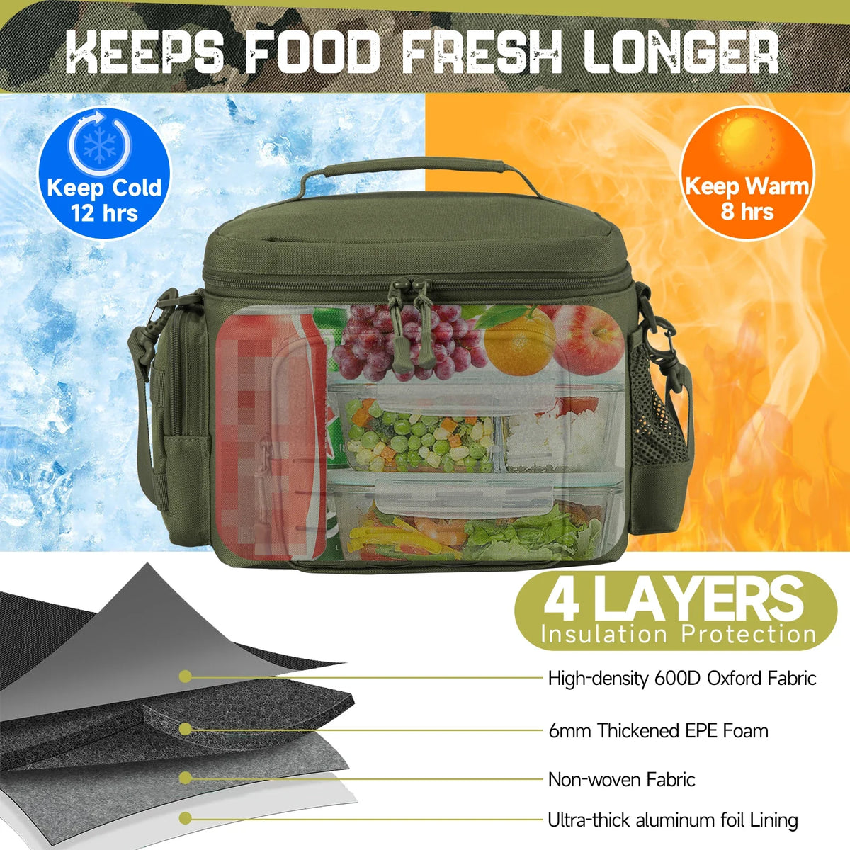 Military Tactical Lunch Box for Men - Heavy Duty, Leakproof, Insulated Thermal Cooler Bag for Work, Camping, Picnic Meals