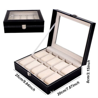 DELESYS PU Leather Watch Box — 2/3/4/5/6/8/10/12 Slot Traditional Style Storage Case with Lock, Gift Watch Organizer
