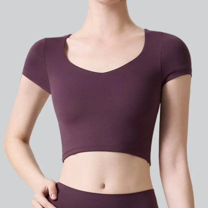 Women’s Yoga Sports Top with Built-In Chest Pads – Quick Dry Short Sleeve Fitness Shirt for Running, Pilates & Training