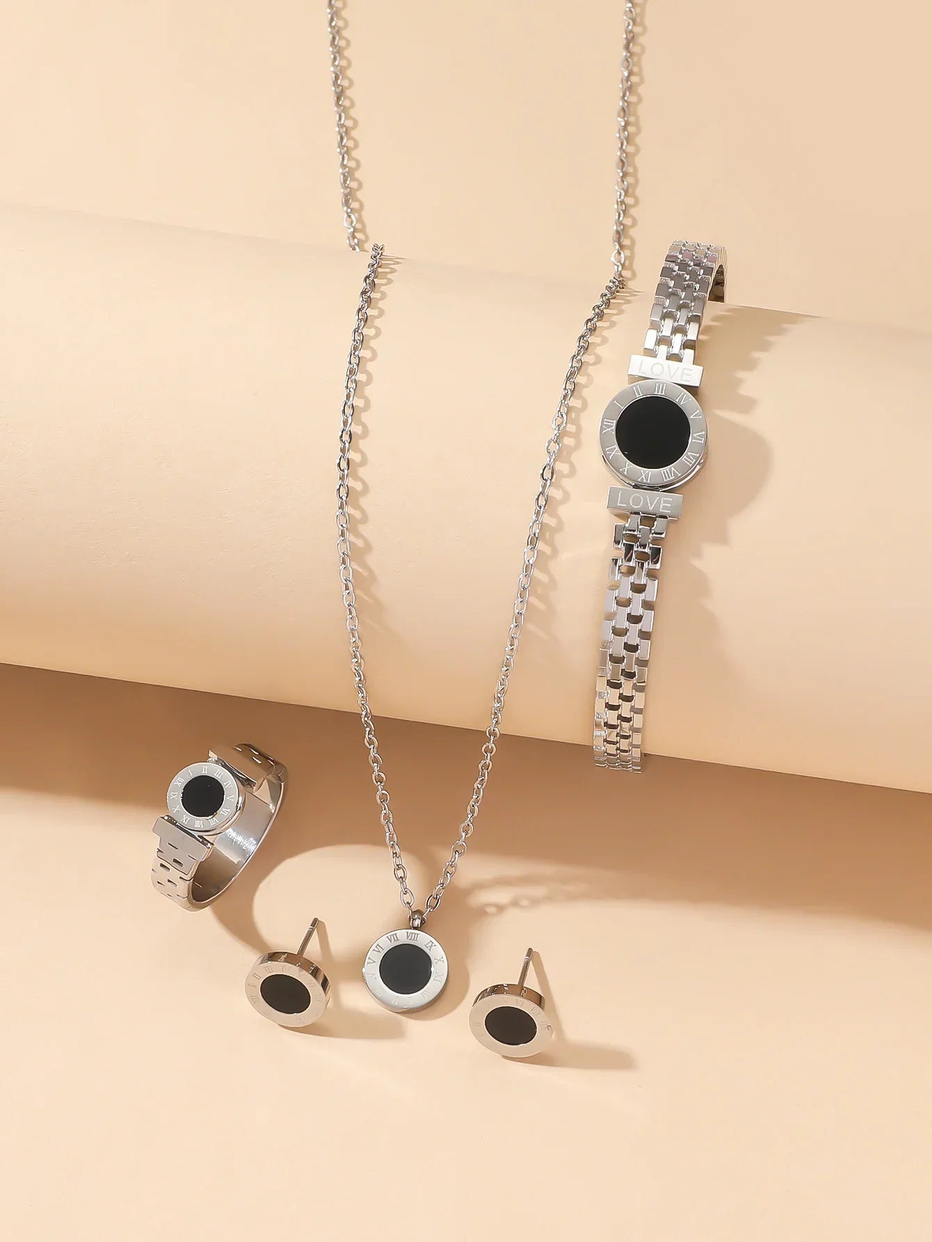 Niche Design Roman Digital Jewelry Set — Titanium Steel Necklace, Bracelet & Ring Studs for Women, Simple & Elegant