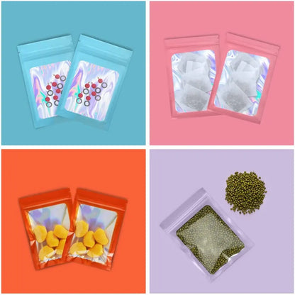 50pcs Mylar Bags – Laser Color Plastic Mini Pouches | Resealable ZipLock and Smell Proof for Coffee, Herbs, and Powder