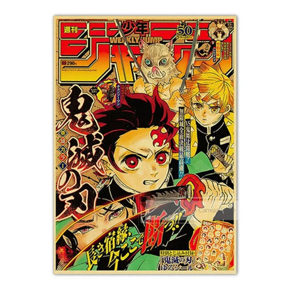 Vintage Anime Kraft Paper Posters – JoJo’s Bizarre Adventure, Jujutsu Kaisen & Demon Slayer Wall Art for Home Room Decor