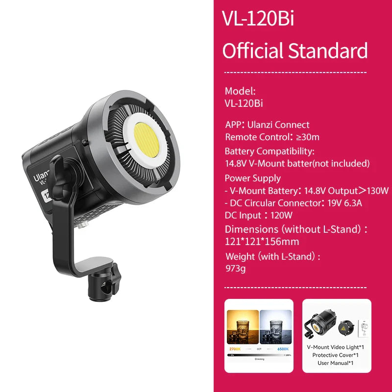 Ulanzi VL-120Bi VL-120C 120W V-Mount COB Light – Wireless APP Control, 2700K-6500K Video Light for Skit Video Photography