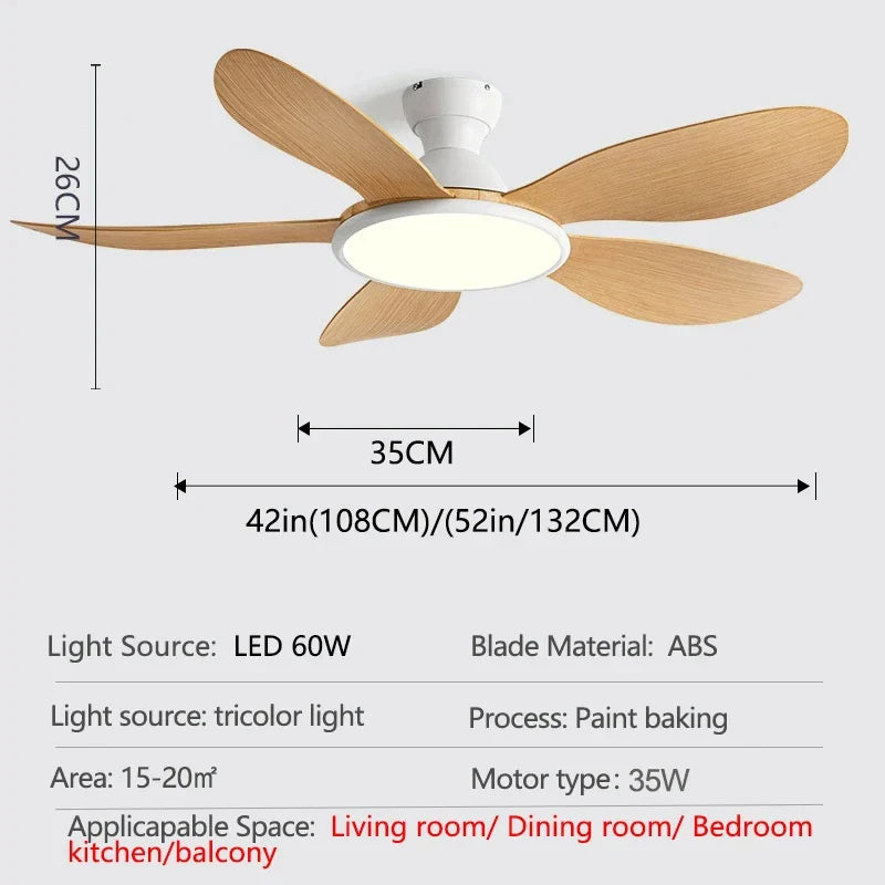 52-inch Modern LED Ceiling Fan — 60W Low Floor DC Motor, 35W Light, Remote Control, 110-220V