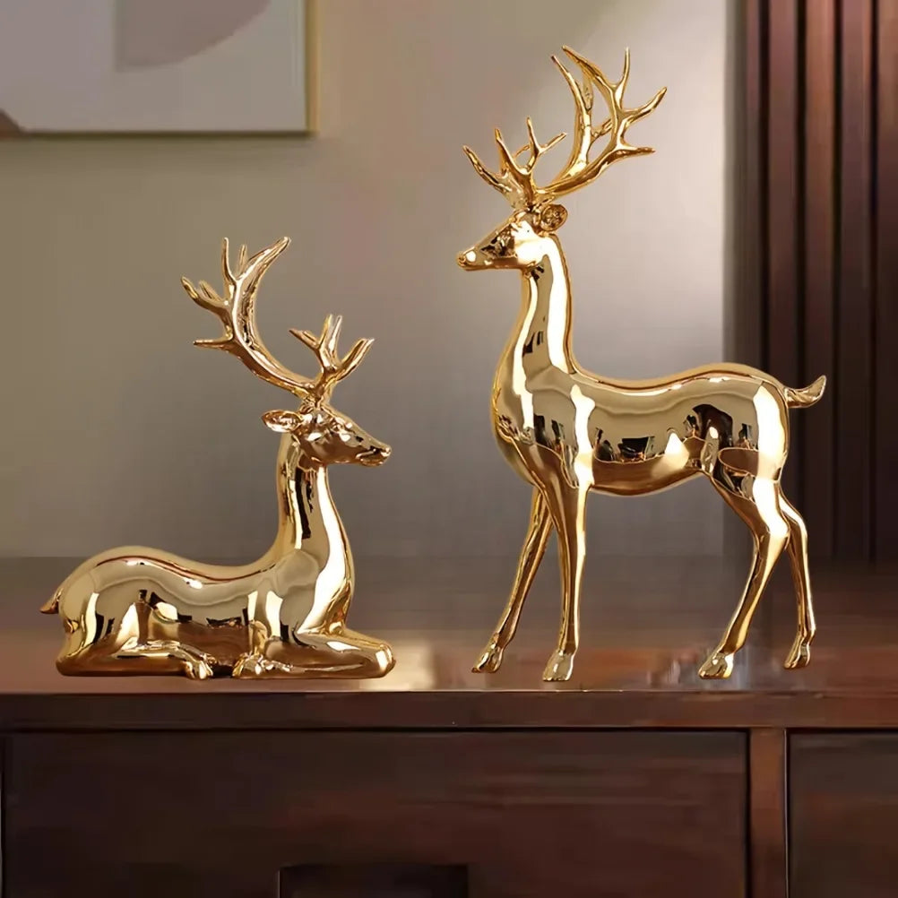 Nordic Christmas Deer Resin Statue Set – Electroplated Double Reindeer Home & Office Desktop Decoration