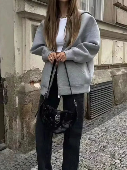 TRAFZA Autumn Women's Gray Jacket – Hooded, Long Sleeve, Zipper Coat with Big Pockets, Loose Casual Outerwear Tops