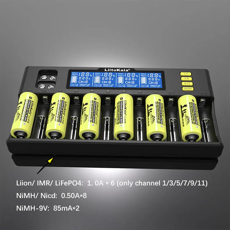 LiitoKala Lii-S12/Lii-S8 Battery Charger – LCD 18650, 21700, 26650, 26700, 20700, 18350, 9V IMR, NiMH/Cd, AA & AAA Rechargeable Batteries