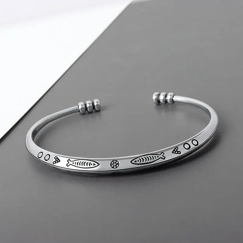 Retro Tibetan Six-Character Mantra Bracelet — Silver Plated Lotus Cuff for Men