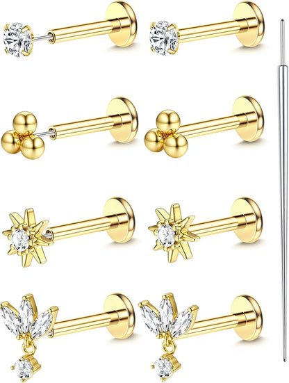 14K Gold Plated CZ Flat Back Stud Earrings – 316L Surgical Steel Threadless Nose, Helix & Cartilage Piercing Jewelry