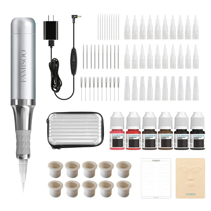 FAMISOO Professional Permanent Makeup Tattoo Machine Kit – Eyebrow, Eyeliner, Lip & Body with 6 Pigment Needles