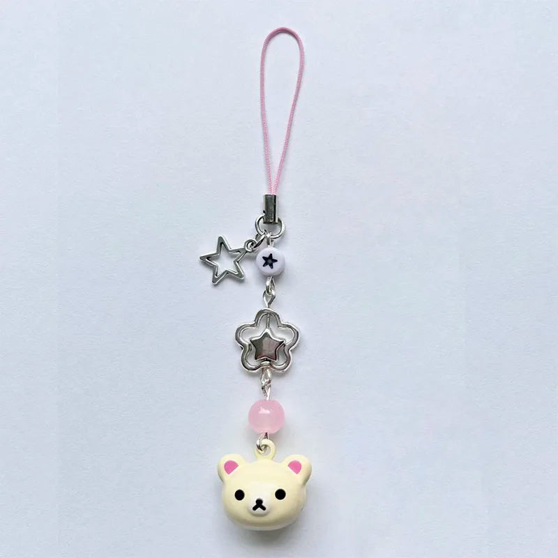 Cute Rilakkuma Bear Bell Phone Charm – Y2K Handmade Star Hanging Chain, Kawaii Beaded Mobile Pendant, Keychain & Cardbook Decoration