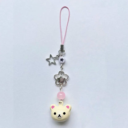 Cute Rilakkuma Bear Bell Phone Charm – Y2K Handmade Star Hanging Chain, Kawaii Beaded Mobile Pendant, Keychain & Cardbook Decoration