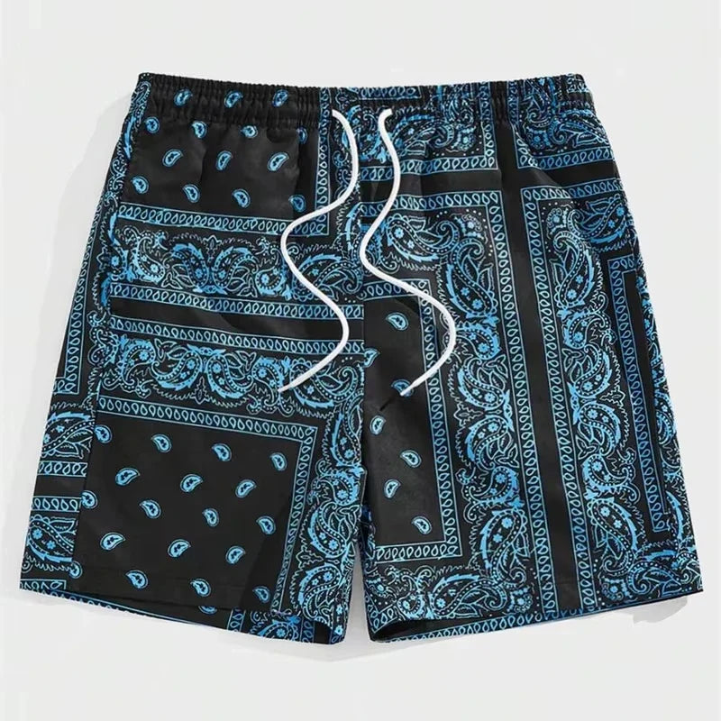 Trendy Bandana Graphic Beach Shorts - Men’s Summer 3D Printed Swim Trunks