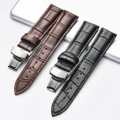 Genuine Leather Watch Strap with Wooden Box – Butterfly Clasp Bracelet 18-24mm Wristband