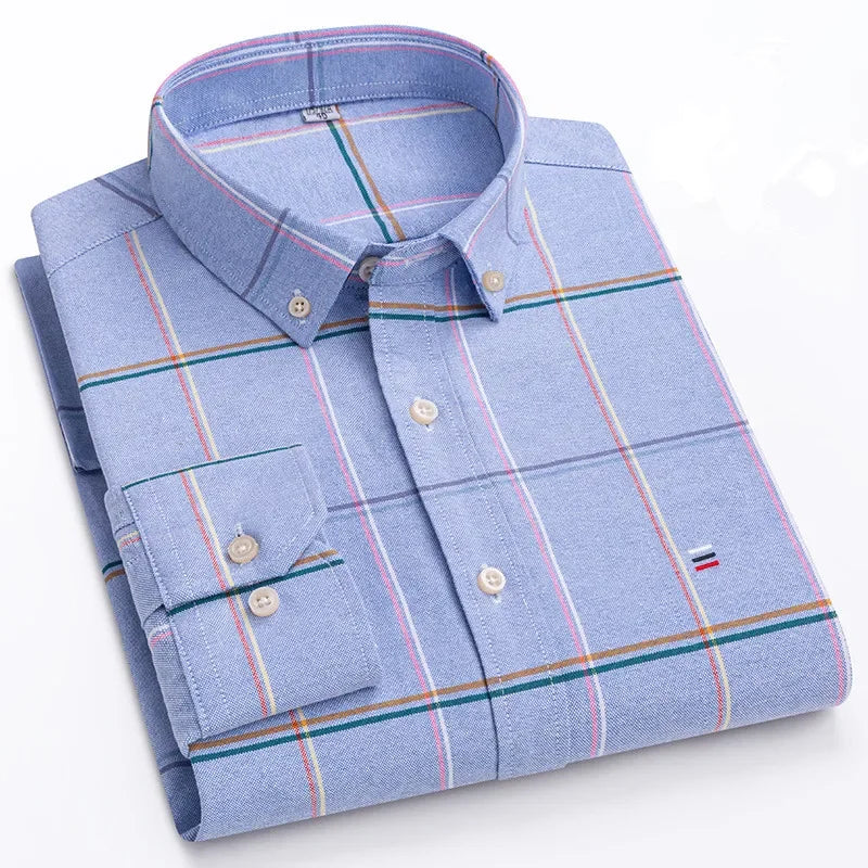 Men’s Cotton Oxford Shirt - Smart Casual Long Sleeve Plaid Print Dress Shirt, Regular Fit up to 6XL