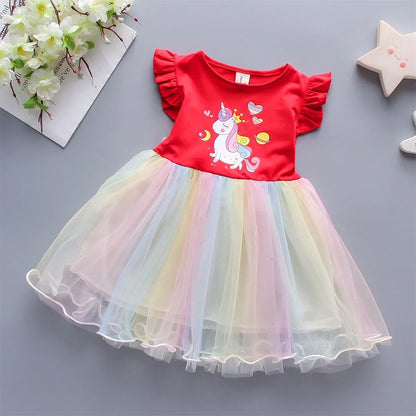 Cute Girls’ Summer Dress - Sleeveless Rainbow Mesh Love Print Casual Dress for 0–3 Years