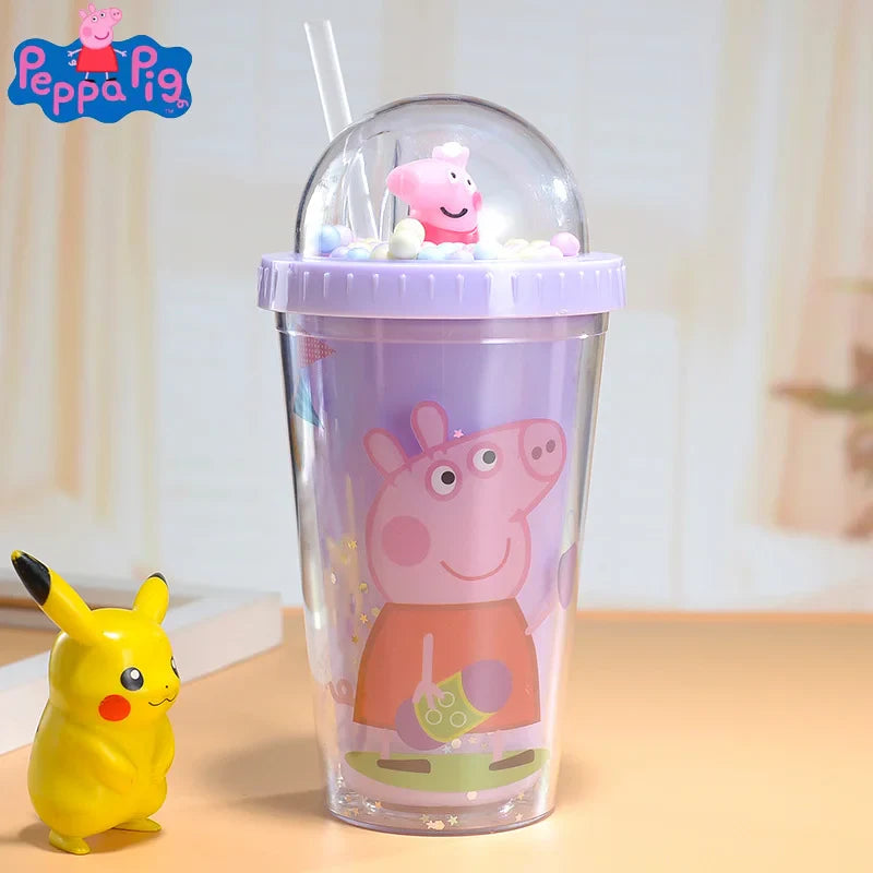 450ML Peppa Pig Plastic Water Bottle – Double-Layer Tumbler with Straw, George Pig Design, Gift for Girls