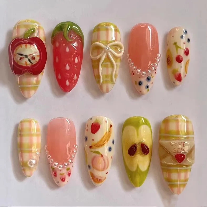 24PCS Strawberry Bow Press On Nails - Red Short Almond Pearl Starlight Floral False Nail Art Tips