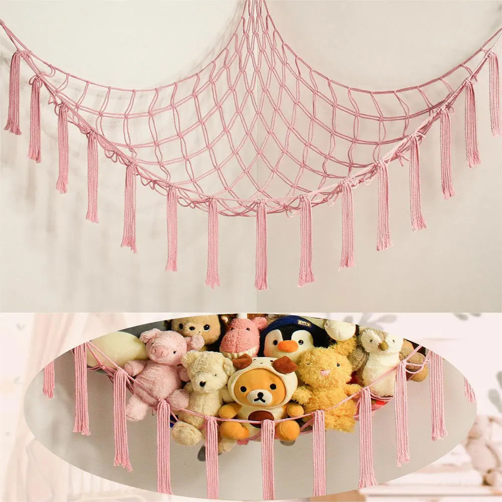 Kids Toy Hammock Wall Corner Hanging Storage Net – Woven Cotton Stuffed Animal Organizer