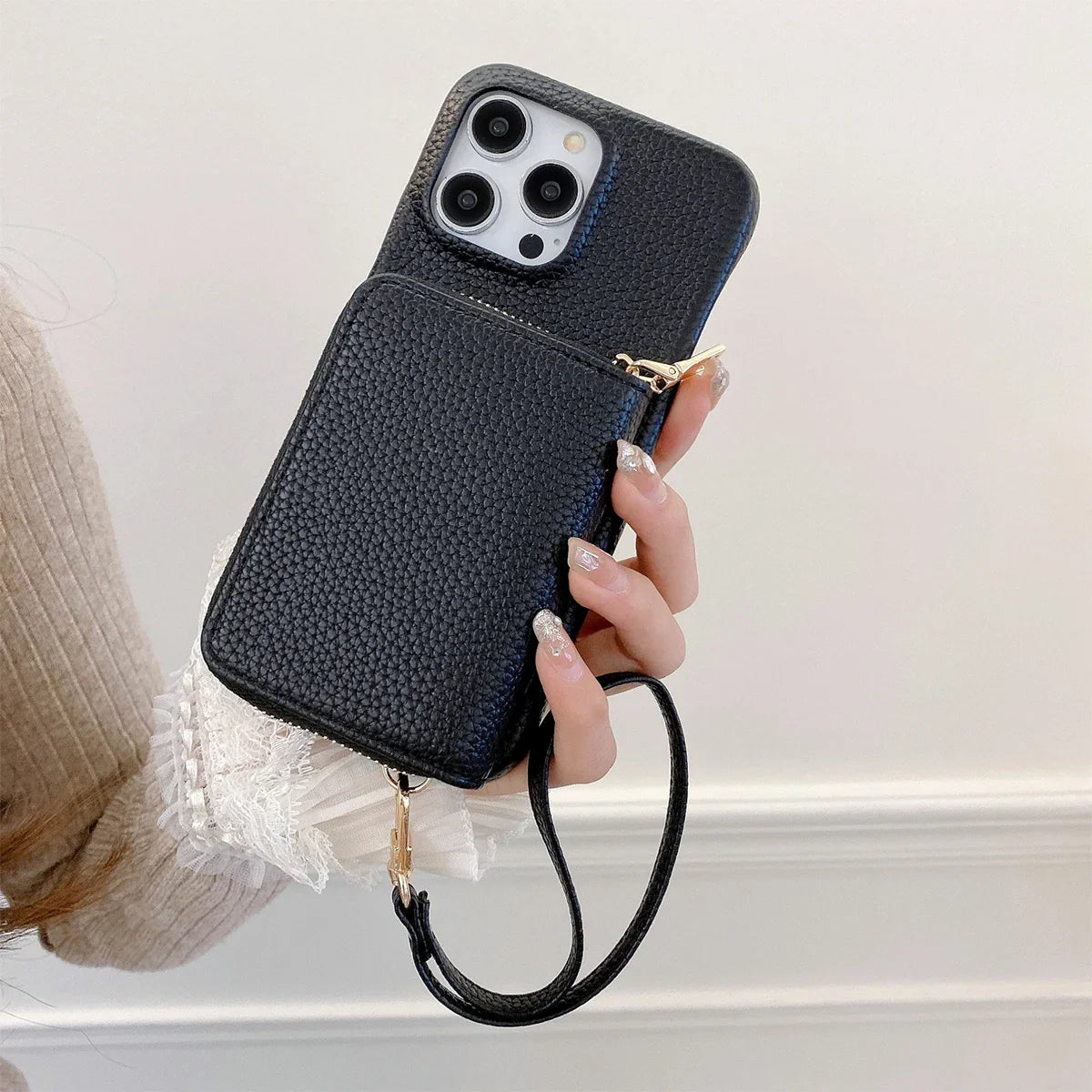 Luxury Litchi PU Leather iPhone Case – Card Holder Lanyard Wallet Cover for iPhone 11 to 15 Pro Max 📱✨