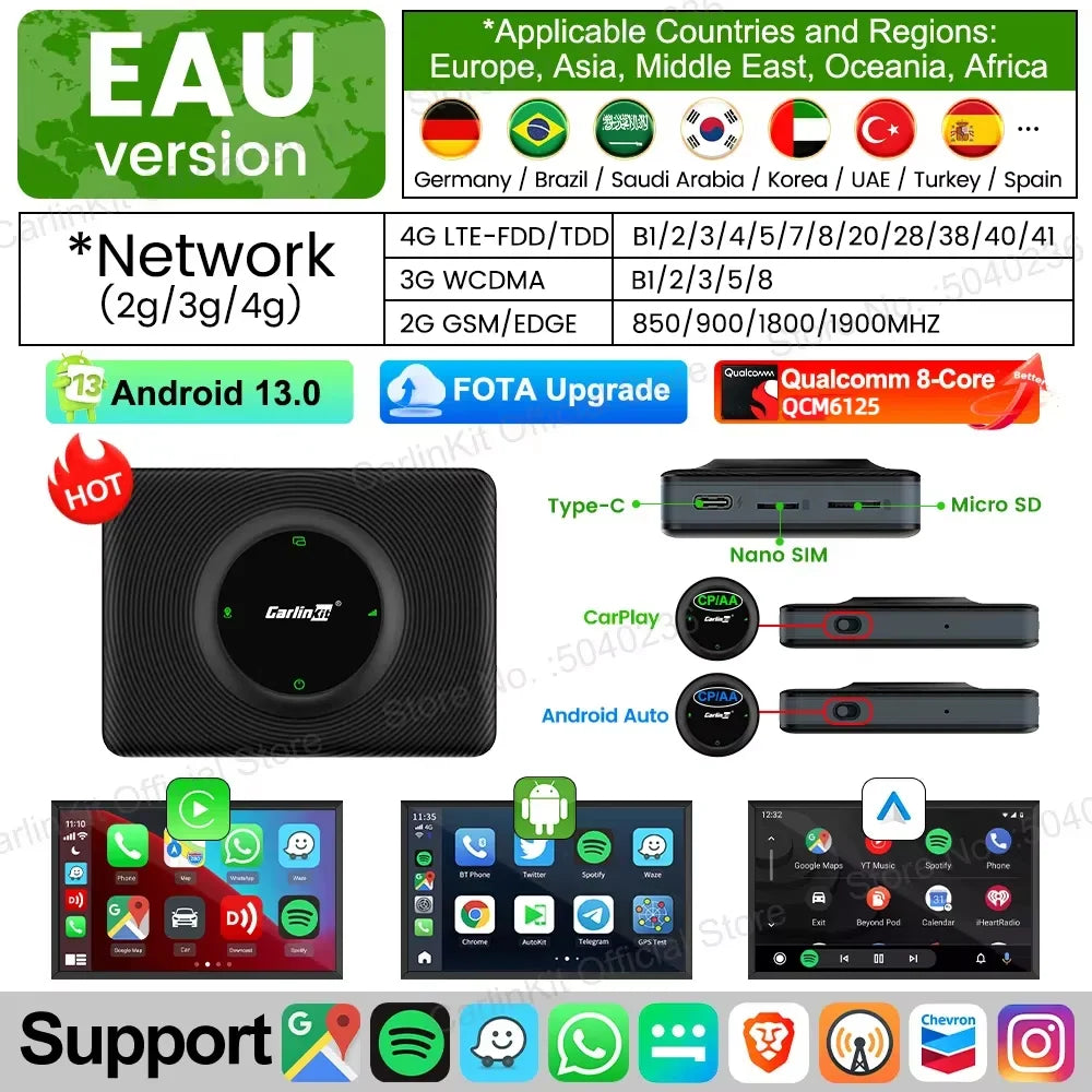 CarlinKit Android 13 AI TV Box – 8-Core Wireless CarPlay & Android Auto with Split Screen, 64G/128G for Netflix, YouTube, Play Store