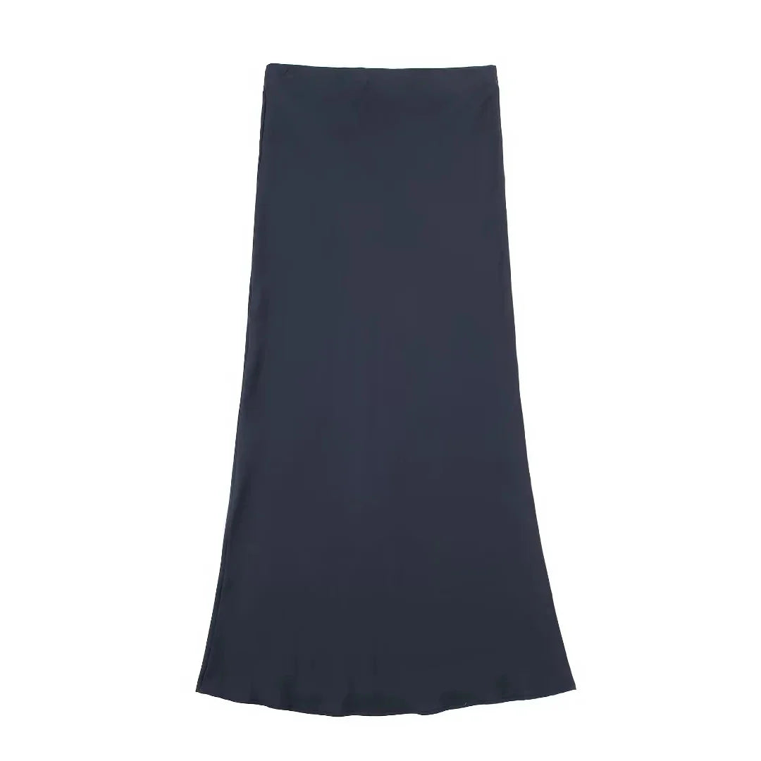 TRAFZA 2024 Y2K Women’s Long Skirt – Elastic High-Waist A-Line Satin Skirt for Spring Casual & High Street Fashion