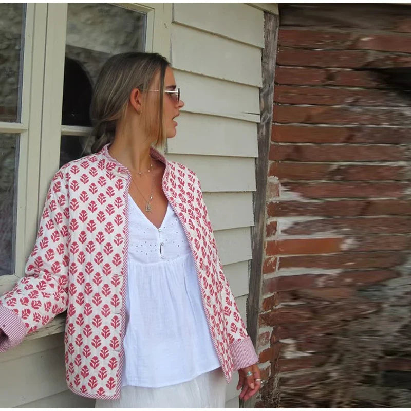 2025 Women’s Printed Quilted Padded Jacket – Collared Cotton Coat with Contrast Piped Pockets, Casual Autumn Outerwear