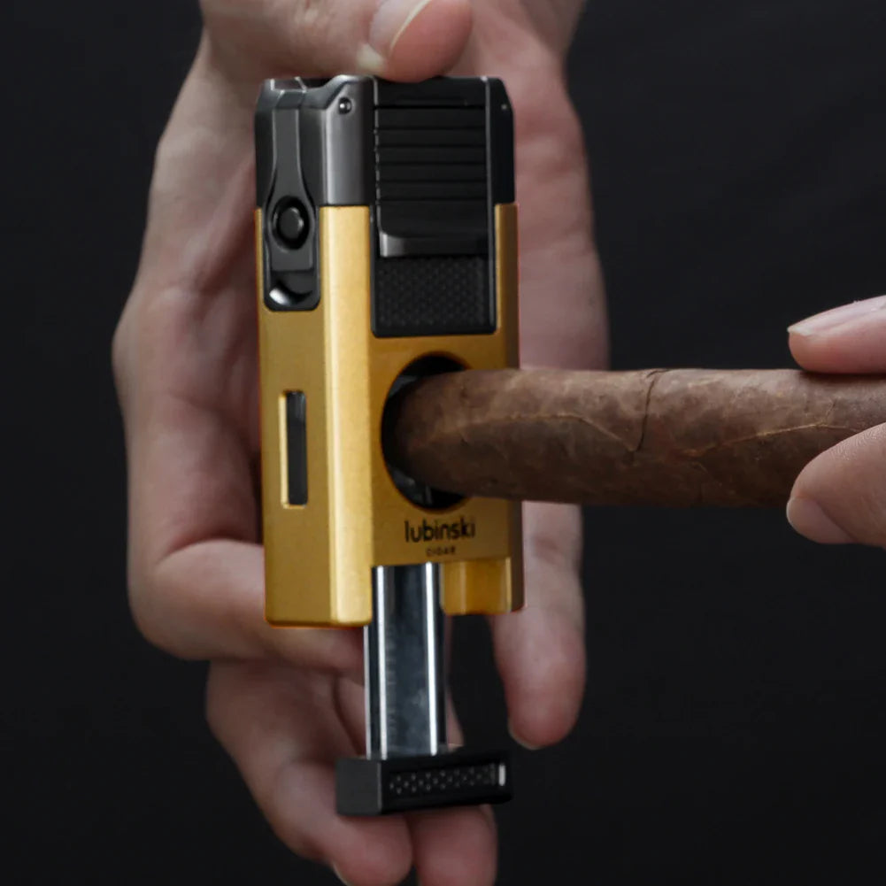 LUBINSKI 2-Torch Cigar Lighter – Metal Butane Gas Lighter with V-Cutter, Punch, and Needle Dredge for Cigar