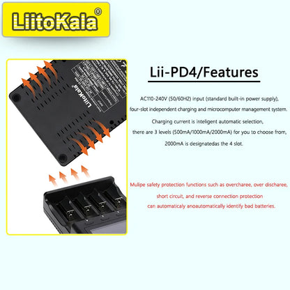 LiitoKala Lii-PD4/PD2 AC PD Charger – Fast Charging 4/2-Bay for 21700, 18650, AA & AAA Batteries with LCD & Multi-Protection