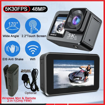 F6W Action Camera — 5K/4K60FPS, 48MP, 2.2" Touch LCD, EIS, Dual Screen, Wi-Fi, 170° Waterproof 30M, 8X Zoom Sports Camera with Wireless Mic