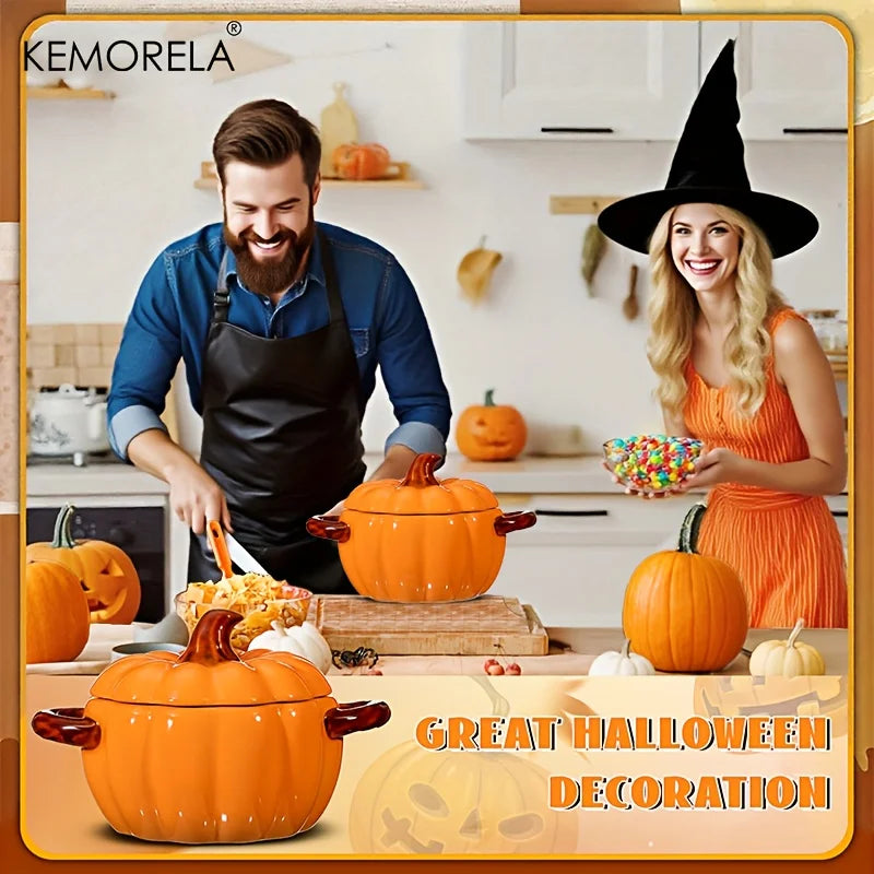 Halloween Pumpkin Ceramic Bowl – Oven-Safe Casserole with Lid & Handles for Thanksgiving