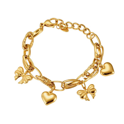 NiNice Stainless Steel Heart & Bow Pendant Bracelet – Romantic DIY Fashion Jewelry Gift for Women, Elegant Trendy Design
