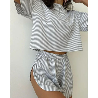 Women's Stripe 2-Piece Pajamas Set – Short Sleeve Top & Shorts Casual Sleepwear