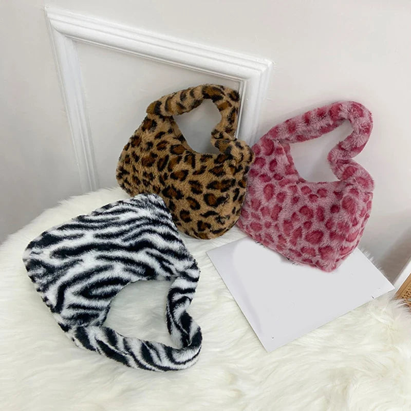 Leopard Plush Tote Bag - Soft Casual Underarm Shoulder Handbag for Women