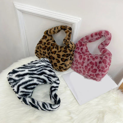 Leopard Plush Tote Bag - Soft Casual Underarm Shoulder Handbag for Women