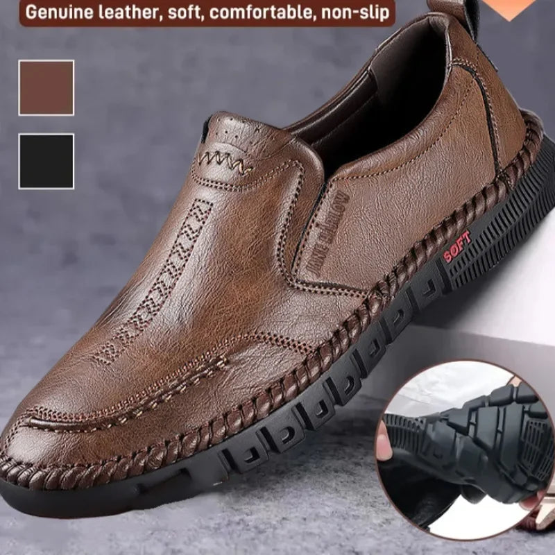 Men’s Genuine Leather Hand-Stitched Slip-On Shoes - Business Formal Wedding & Party Dress Footwear