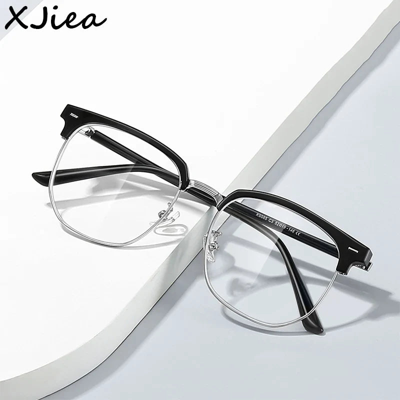 XJiea 2024 Photochromic Blue Light Blocking Glasses – Semi-Rimless Rectangle Eyewear for Men & Women, Office & Computer Use