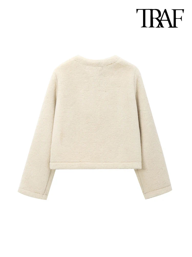 TRAF Women’s Thick Warm Faux Fur Jacket – Long Sleeve Coat with Front Toggle, Chic Fashion Outerwear